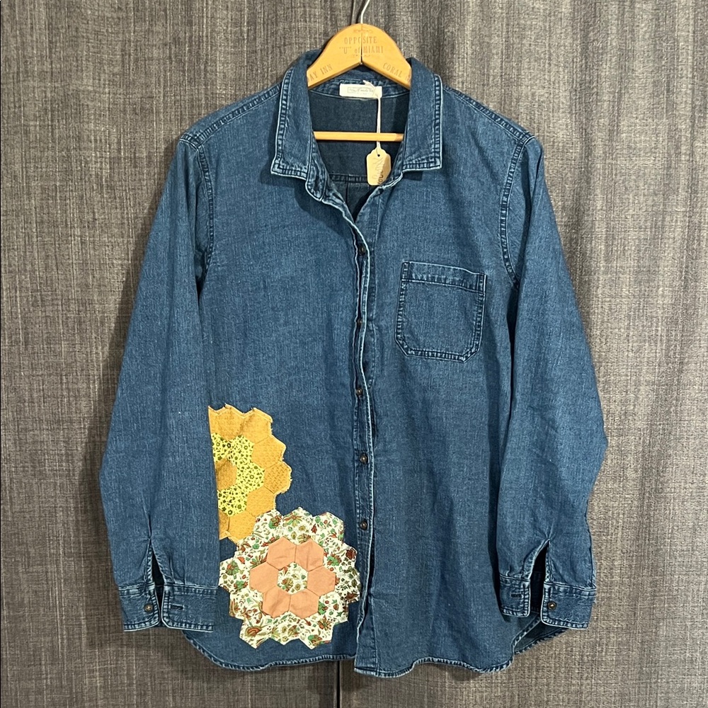 Upcycled handmade denim button down with quilt patch details XXL